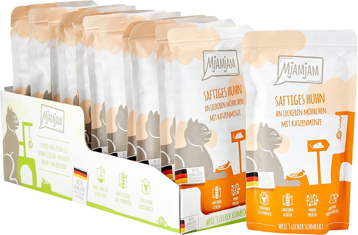 Mjamjam Mixpack III, 12 X 125 G (1 X 1,5 Kilograme) & Hrană umedă premium pentru pisici - pui suculent cu morcovi delicioși, 12Pack (12 X 125 G)
