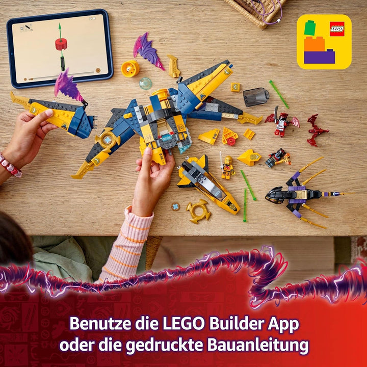 LEGO NINJAGO Super Storm Flyer al lui Ras și Arin - Jucărie cu dronă, tragătoare, lame și motoare - Incl. 3 minifigurine pentru jocuri de rol Ninja - Set de construcție pentru băieți și fete de la 8 ani 71833