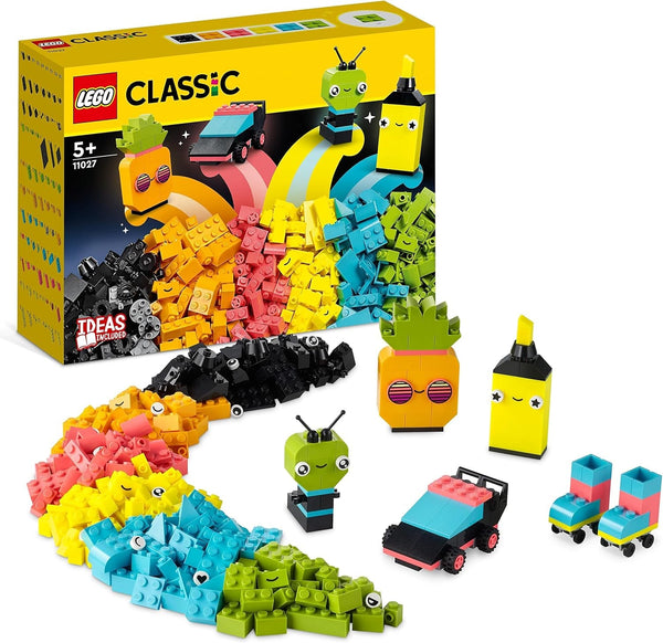 LEGO 11027 Classic Neon Creative Building Set, Brick Box Set, Jucărie de construcție cu modele: mașină, ananas, extraterestru, patine cu rotile, figuri și multe altele, pentru copii de la 5 ani în sus