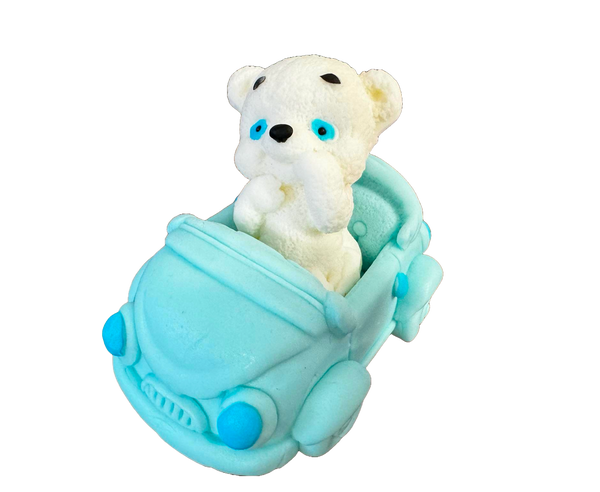 Essbare Zuckerpastendekoration, Weißer Teddybär mit blauem Auto