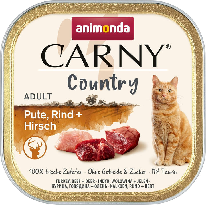 Hrană pentru pisici Adult Country, hrană umedă pentru pisici într-o tavă porționată practică cu pui, curcan + păstrăv, 32 X 100G