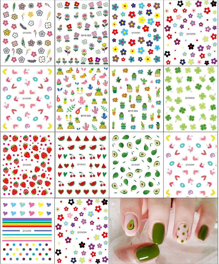 JMEOWIO Süße Nagelsticker Für Kinder 14 Blatt Nail Art Sticker Selbstklebend Nagelaufkleber Regenbogen Blumen Frucht Dekoration Nageldesign Zubehör
