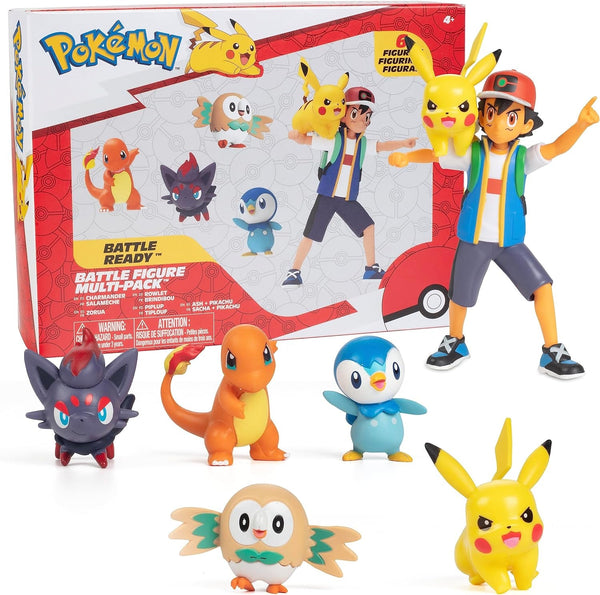Pokémon Battle Ready! Set de figurine 6 piese - 11.4 Cm Ash & Launching Pikachu, 5.1 Cm Charmander, Rowlet, Piplup, Zorua - Licențiat oficial - Cadou de Paște pentru copii, băieți, fete