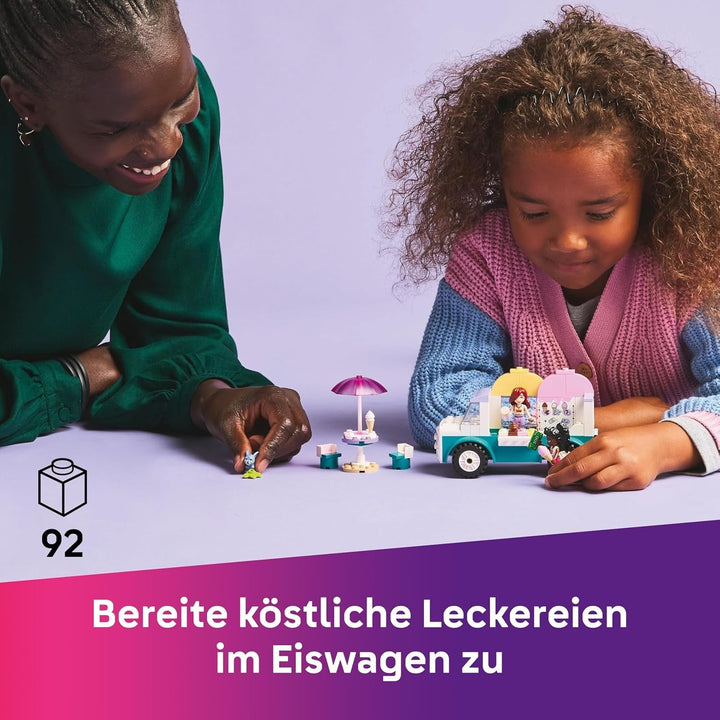 Camion de înghețată LEGO Friends Heartlake City, set de joacă pentru jocuri de rol, set de construcție cu 2 figurine și un iepuraș, jucărie pentru fete de la 4 ani, jucărie de construcție cu minifigurine ale personajelor 42644