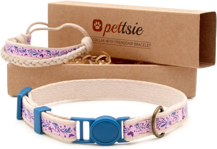 Set zgardă și brățară a prieteniei pentru pisici Pettsie, design sigur cu bumbac moale, inel D pentru accesorii, dimensiune ușor reglabilă 19-29 cm, verde