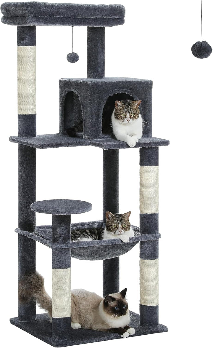 PAWZ Road, arbore pentru pisici cu hamac metalic din pluș, turn pentru pisici adulte cu căsuță tip condominiu cu 2 uși, gri, 116 cm