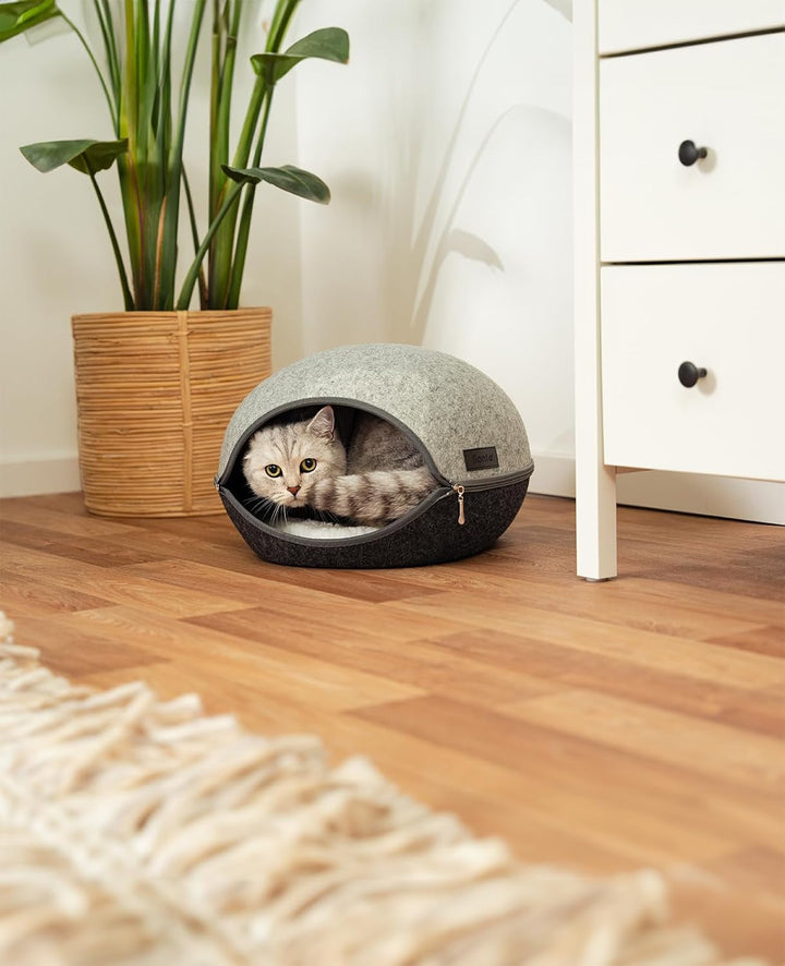 Peșteră pentru pisici Lionto din fetru robust, peșteră confortabilă pentru pisici cu fermoar, 46 x 38 x 24 cm, pat confortabil și modern pentru pisici cu pernă moale și lavabilă, gri