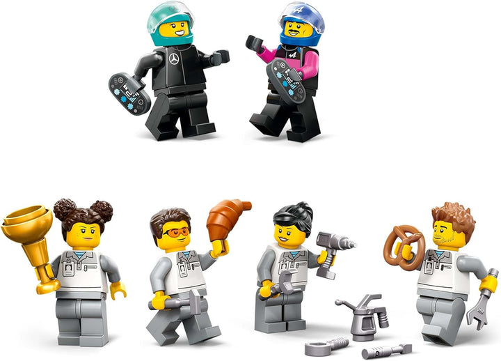 Garaj LEGO City F1 cu mașini de curse Mercedes-Amg și Alpine - Mașină de curse Formula 1 cu 2 piloți și 4 minifigurine mecanice - Cadou pentru băieți și fete 7+ și fani 60444