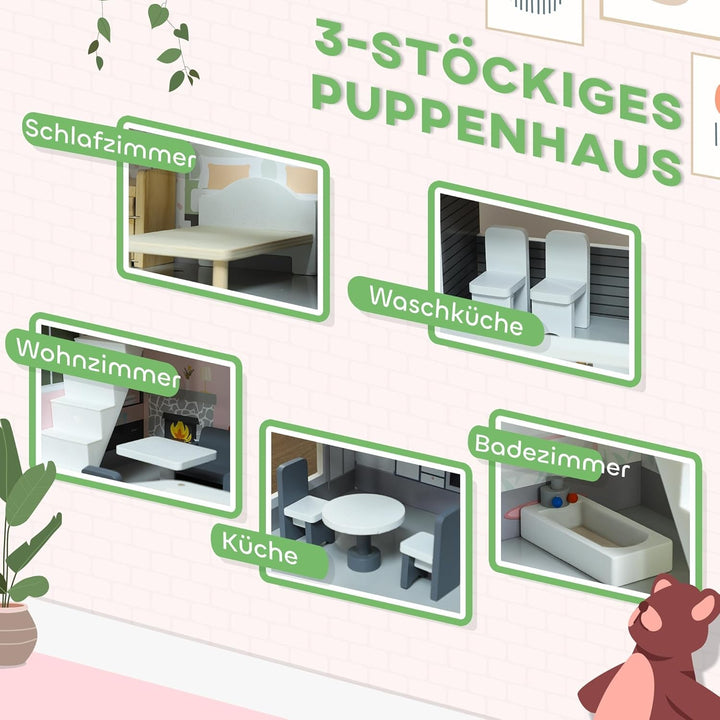 AIYAPLAY Casă de păpuși din lemn, casă de joacă cu 3 etaje cu 13 piese de mobilier, accesorii, 85,3 cm înălțime Casă de păpuși pentru copii de 3-6 ani, gri