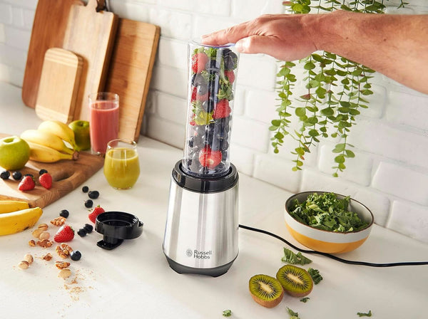 Russell Hobbs Mixer - Standmixer & Smoothie Maker to Go [23.500 U/Min Power-Motor] Inkl. 1X Mixbehälter 600Ml (Bpa-Frei, Spülmaschinen- & Bruchfest Inkl. Deckel) Zerkleinerer, Edelstahl, 23472-56