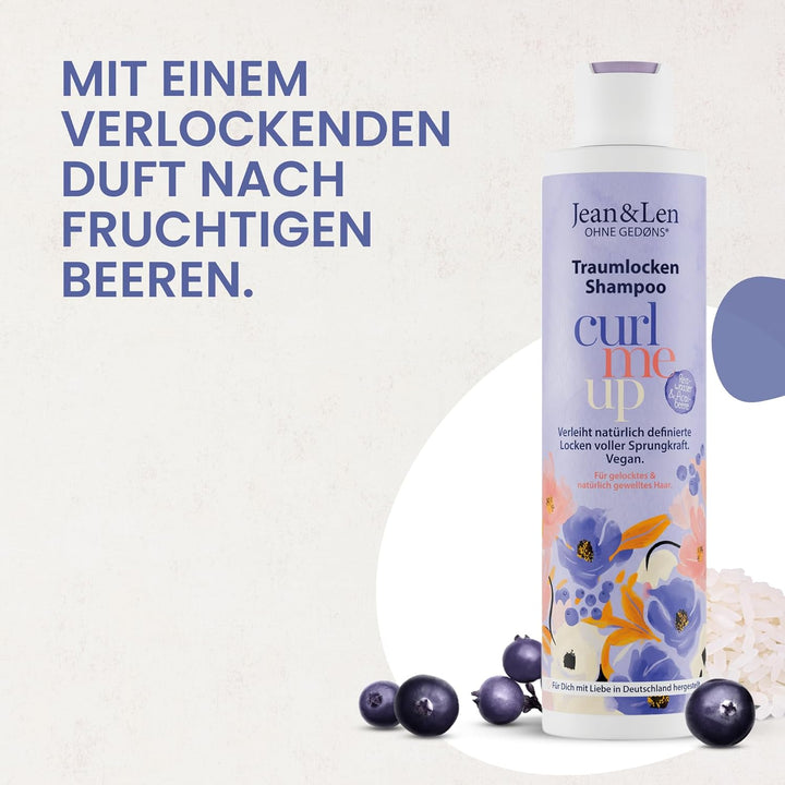 Jean & Len Traumlocken Shampoo Reiswasser & Açaibeere, Für Lockiges & Welliges Haar, Verleiht Sprungkraft & Volumen, Fruchtiger Beeren-Duft, Haarshampoo, Ohne Parabene & Silikone, Vegan, 300 Ml