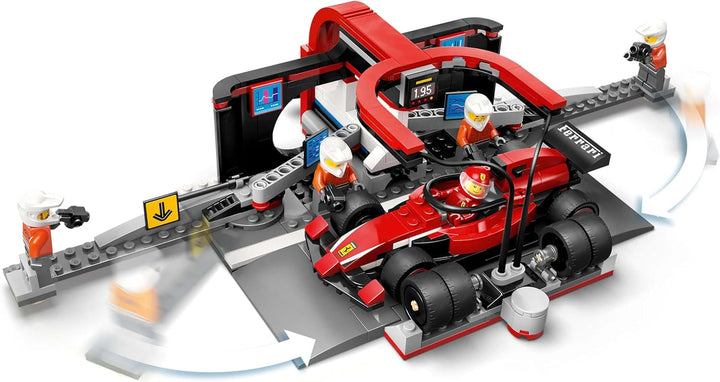 LEGO City F1 Pit Stop cu echipa și Ferrari Speedster - Set Formula 1 Pit Stop cu 1 pilot de curse și 4 minifigurine mecanice - Jucărie pentru mașini de curse pentru băieți și fete peste 6 ani - 60443