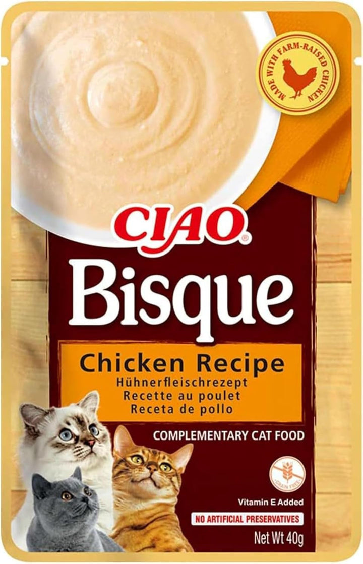 INABA Ciao Bisque Hrană umedă pentru pisici cu conținut scăzut de calorii cu 28% pui | Fără cereale, fără zahăr, fără subproduse, pastă cremoasă și supă delicioasă pentru pisici din Japonia 40 G (pachet de 12)