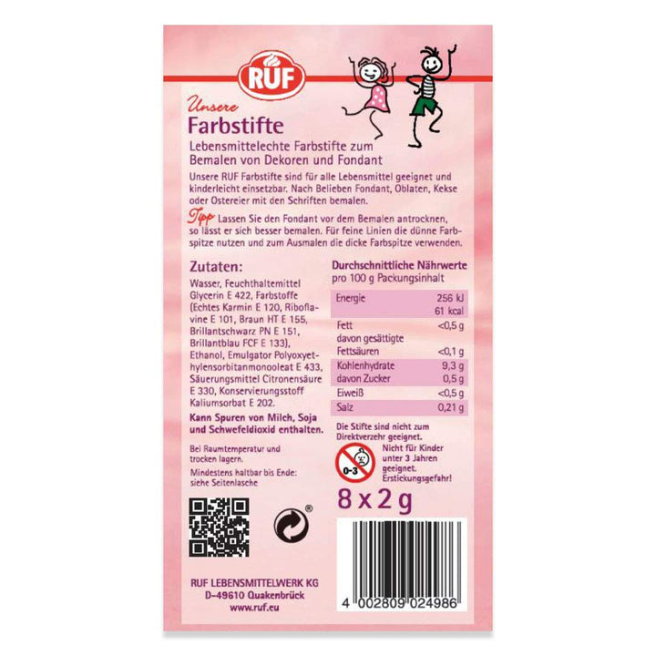 RUF Lebensmittel-Farbstifte, 8 Lebensmittelechte Speisefarben Als Stifte-Set Zum Malen & Schreiben Auf Fondant & Co., Zucker-Stifte Mit Je 2 Spitzen