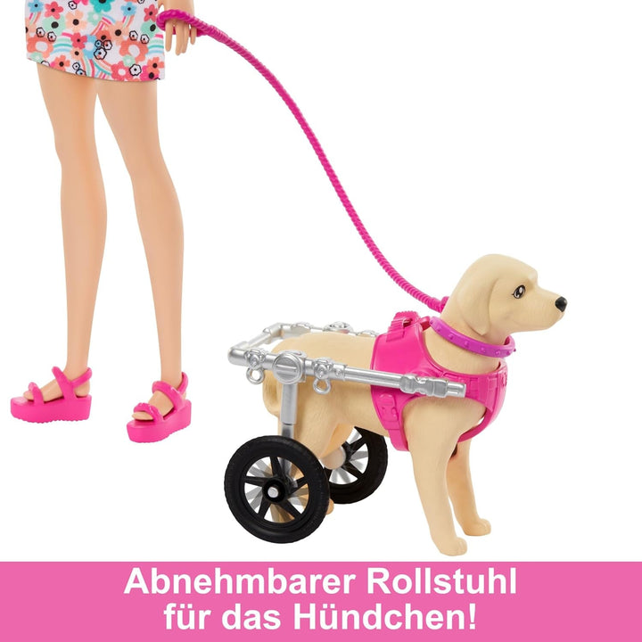 Păpușă Barbie Dog Duo și accesorii, inclusiv câine mic și câine mare cu scaun cu rotile, lesă, bol de mâncare, pat pentru animale de companie și tratează oasele, pentru copii de la 3 ani, HTK37
