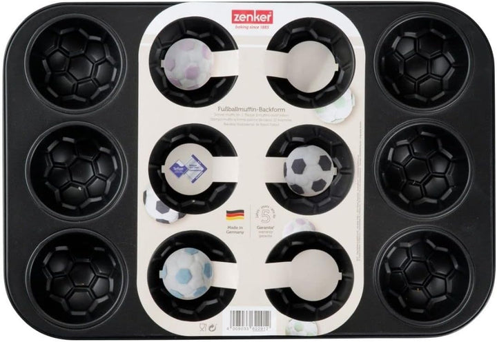 Zenker 12Er Muffinform – Muffinbackblech Für Muffins Und Cupcakes Aus Der Serie Soccer Baking– Hitzebeständiges 12Er Muffinblech Mit Antihaftbeschichtung, Schwarz