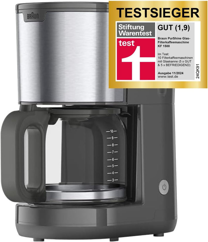 Cafetiera Braun Purshine KF 1500 WH - Cafetieră cu filtru și ulcior din sticlă pentru până la 10 cești, sistem Optibrew, oprire automată, 1000 Watt, alb, KF1500WH