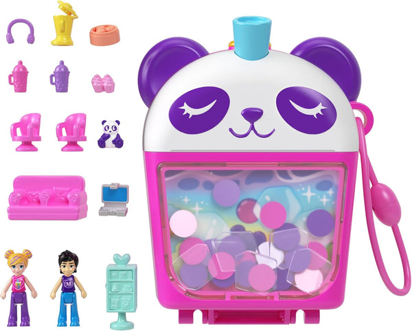 Polly Pocket păpuși și set de joacă, Bubble Tea Panda Box, jucărie pentru animale cu 2 păpuși mici, Panda și accesorii pentru mâncare, HWN95