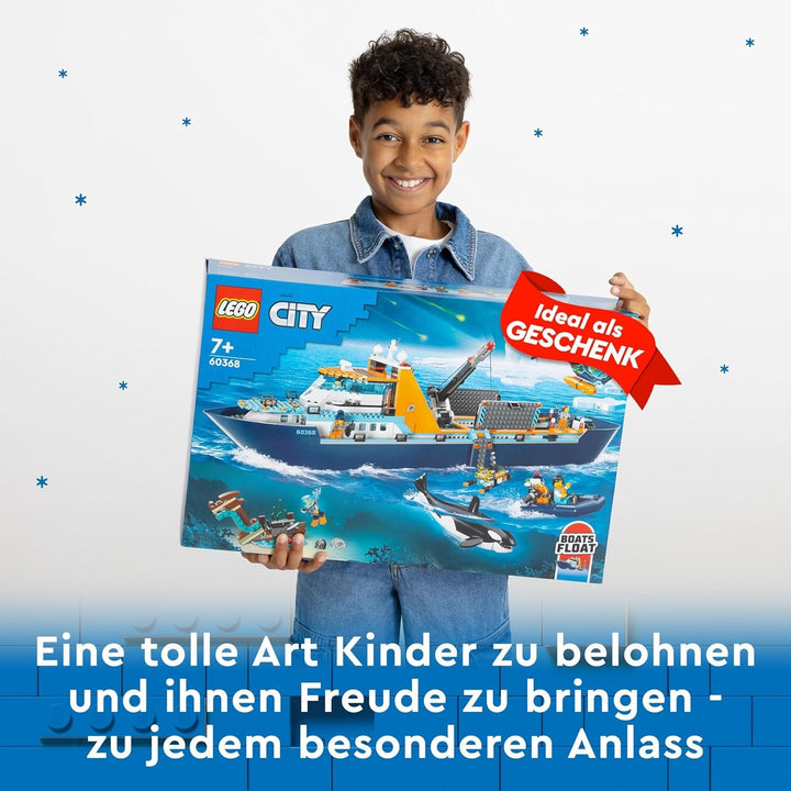 LEGO City Arctic Research Ship, barcă mare de jucărie plutitoare cu elicopter, barcă pneumatică, submarin Rov, epavă vikingă, 7 minifigurine și figură Orca, cadou pentru copii cu vârsta de 7+ 60368