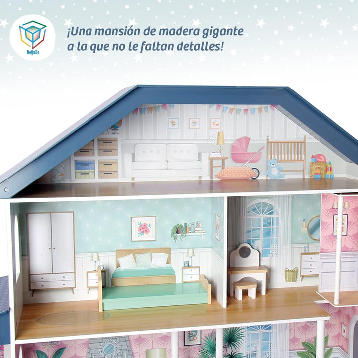 Casă de păpuși din lemn Deqube, 4 etaje, casă de păpuși cu decor diferit și îngrijit în fiecare cameră, cu 17 accesorii - Dimensiune 135 X 36 X 128 Cm (913D00016)