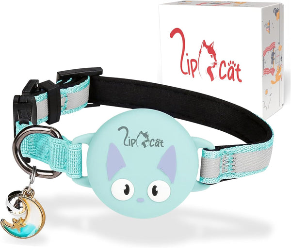 Zgardă pentru pisici Lipcat® Airtag | Reflectorizantă, căptușită și reglabilă | Închizătoare de siguranță, clopoțel și suport impermeabil pentru etichetă | Sistem de urmărire a pisicilor | Compatibilă cu Apple Airtag | Turcoaz
