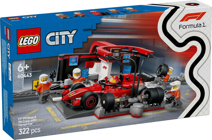 LEGO City F1 Pit Stop cu echipa și Ferrari Speedster - Set Formula 1 Pit Stop cu 1 pilot de curse și 4 minifigurine mecanice - Jucărie pentru mașini de curse pentru băieți și fete peste 6 ani - 60443