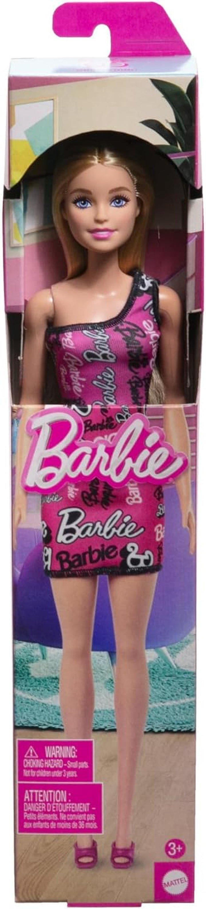 Păpușă Barbie Fashion cu păr blond drept într-o rochie extensibilă roz cu un umăr și pantofi cu logo imprimat, HRH07