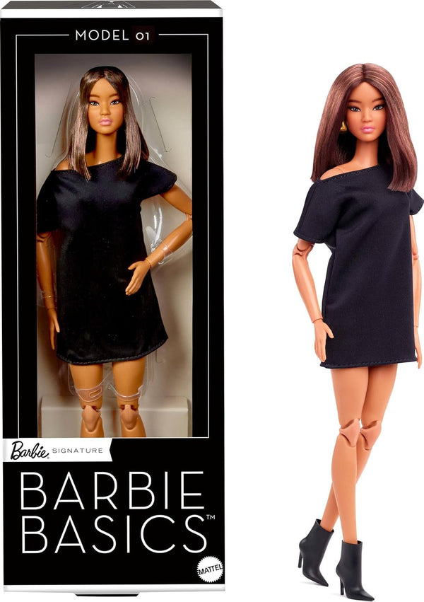 Barbie Basics Model 1, păpușă de colecție cu păr brunet, rochie mini neagră și pantofi, modă universală, corp mobil și cap interschimbabil, JBH72