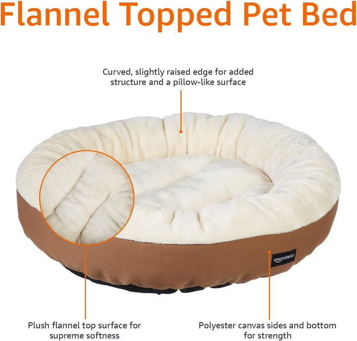 Pat rotund tapițat Amazon Basics pentru câini sau pisici, cu blat din flanel, 50 x 50,8 x 15,2 cm, maro și fildeș
