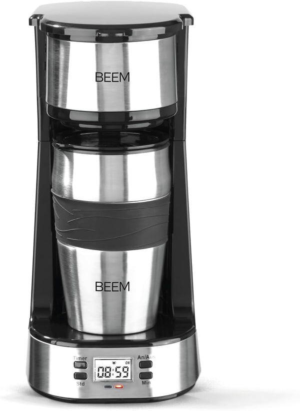 BEEM THERMO 2 GO Cafetieră cu filtru unic cu cană termo de 0,4 l | Filtru permanent | Cu cronometru 24 h pentru o cană de cafea fierbinte dimineața fără așteptare | 750 W