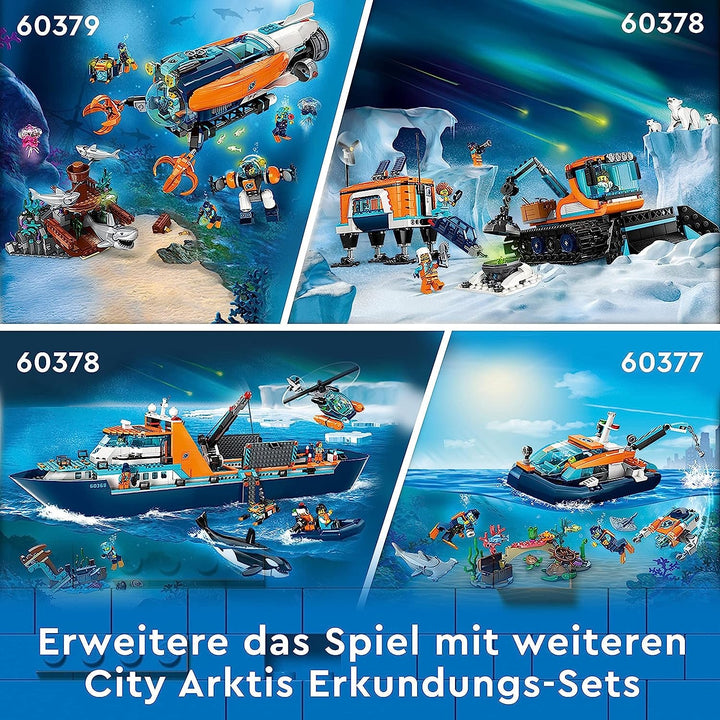 LEGO City Arctic Research Ship, barcă mare de jucărie plutitoare cu elicopter, barcă pneumatică, submarin Rov, epavă vikingă, 7 minifigurine și figură Orca, cadou pentru copii cu vârsta de 7+ 60368