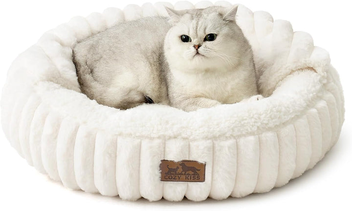 Pat pentru pisici COZY KISS pufos, rotund, moale, cu glugă, pentru pisici și căței, blană artificială lavabilă la mașină cu fund antiderapant, gri, 58 x 58 x 15 cm