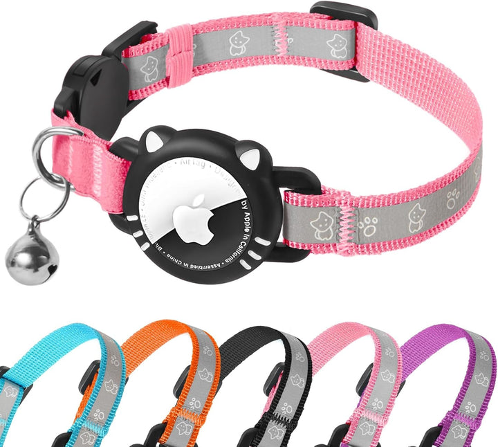 Zgardă pentru pisici Agoumlux Airtag, reflectorizantă, cu închidere de siguranță, cu clopoțel, cu carcasă Airtag reglabilă pentru pisici, negru, S (23-33 cm)