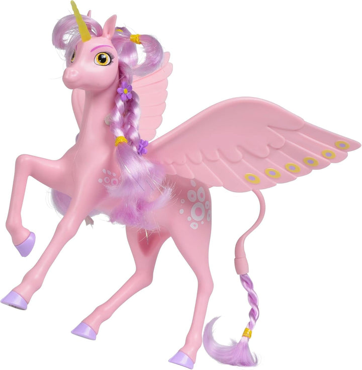 Simba 109480092 - Mia and Me Unicorn Kyara, cu aripi mobile, agrafe de păr și perie pentru coafat, 20 cm, de la 3 ani, roz