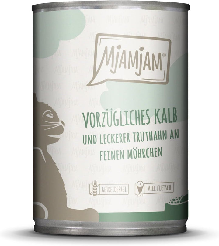 Mjamjam - Hrană umedă premium pentru pisici - Rață și pasăre fină cu morcovi delicioși, 1 pachet (1 X 400 G), fără cereale cu extra carne