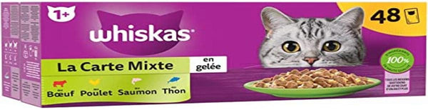 WHISKAS Meal - 48 de pungi proaspete - The Mixed Card (4 varietăți) - hrană umedă pentru pisici adulte în jeleu - hrană umedă completă și echilibrată, potrivită pentru pisici sterilizate