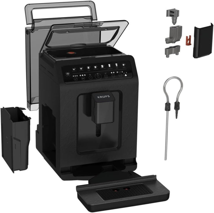 Aparat de cafea complet automat Krups EA897B Evidence Ecodesign, Funcție espresso și cappuccino automată, Tehnologie Quattro Force, Cești cu lapte cu o singură atingere, 8 presetări, sistem de lapte, 1450W