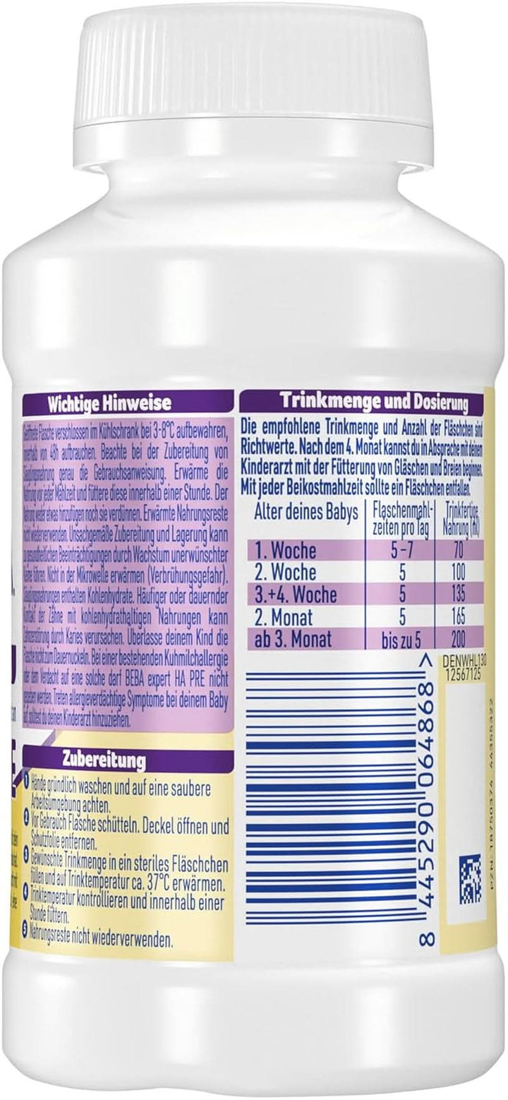 BEBA Nestlé BEBA EXPERT HA PRE Hydrolysierte Anfangsnahrung, Säuglingsnahrung Von Geburt An, 8Er Pack (8 X 200Ml)