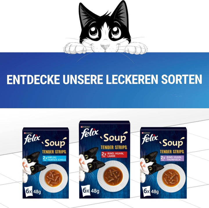 FELIX Soup Tender Strips, supă pentru pisici, varietate de arome de la țară, vită, pui, miel, 8-pachete (8X 6 pachete la 48 de grame)