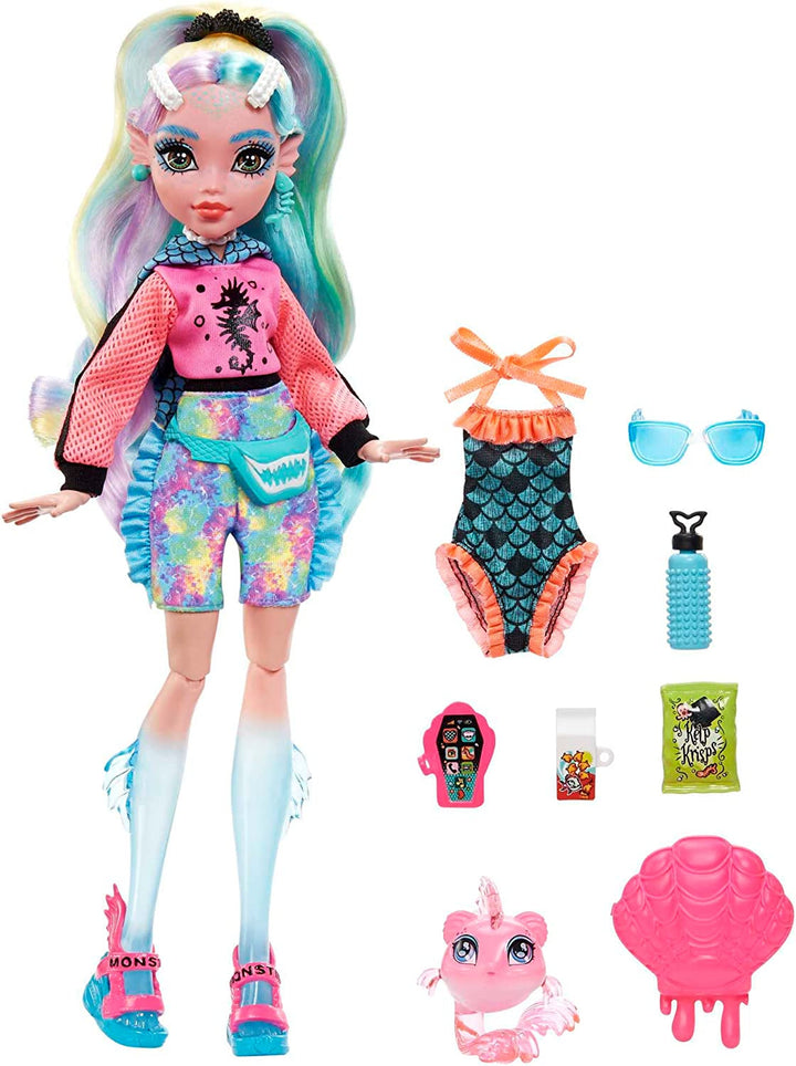 Păpușă MONSTER HIGH Lagoona Blue - hanorac roz, pantaloni scurți de bicicletă batik, sandale cu platformă, aripioare, accesorii, pentru copii cu vârsta peste 4 ani, HHK55