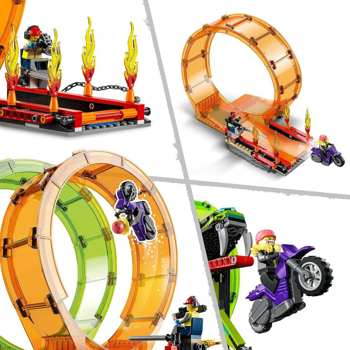 LEGO 60339 City Stuntz Stuntz Show Double Looping Set, Incl. rampă, monster truck, 2X motocicletă și 7 minifigurine, jucărie pentru copii cu vârsta peste 7 ani