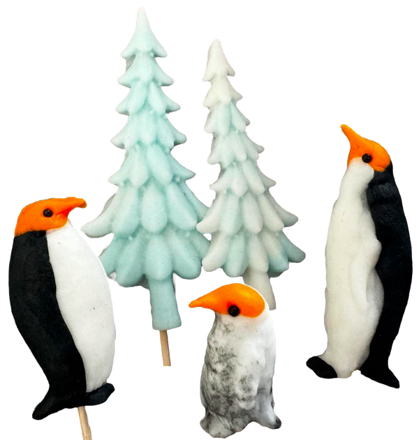 Lot de 5 décorations comestibles en pâte à sucre, Noël, pingouins et sapins