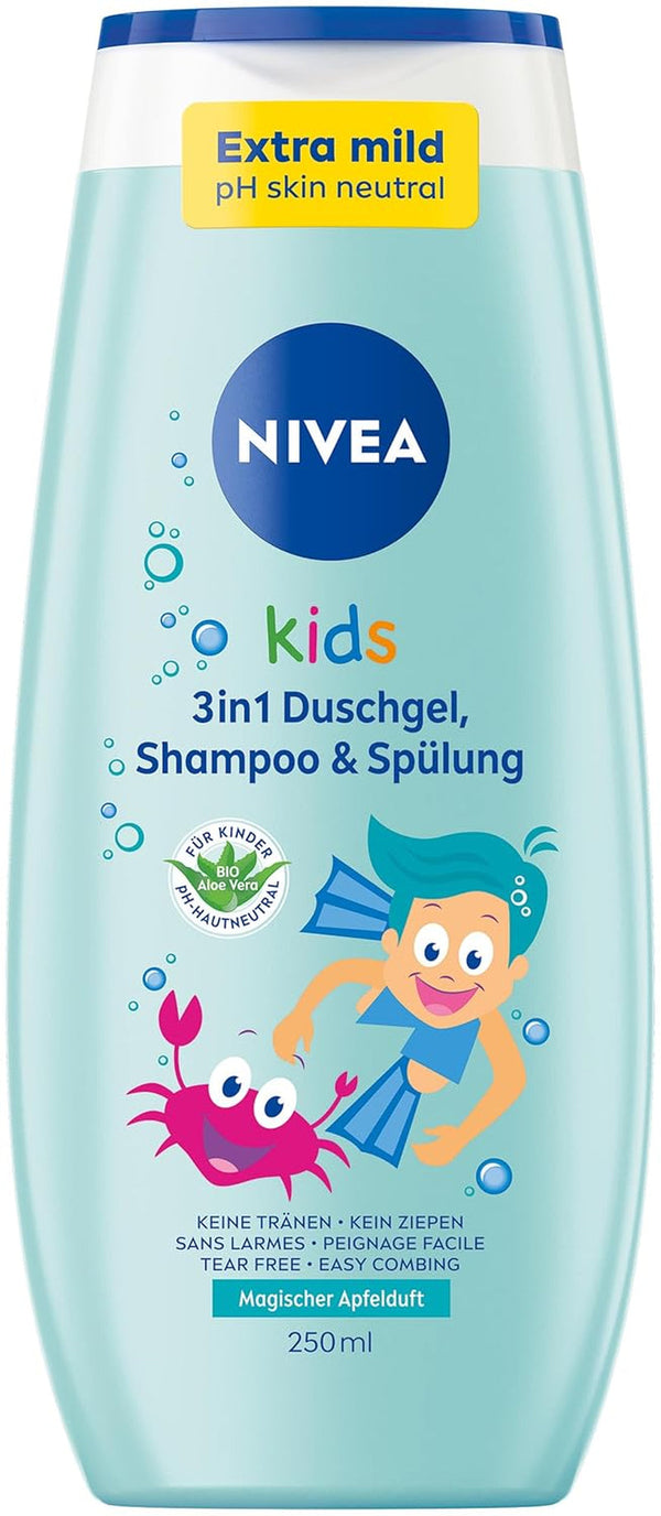 Gel de duș, șampon și balsam NIVEA KIDS 3in1, îngrijire și curățare pentru copii cu un parfum magic de mere, extra blând, îngrijire fără săpun pentru păr și piele pentru copii (250 ml)