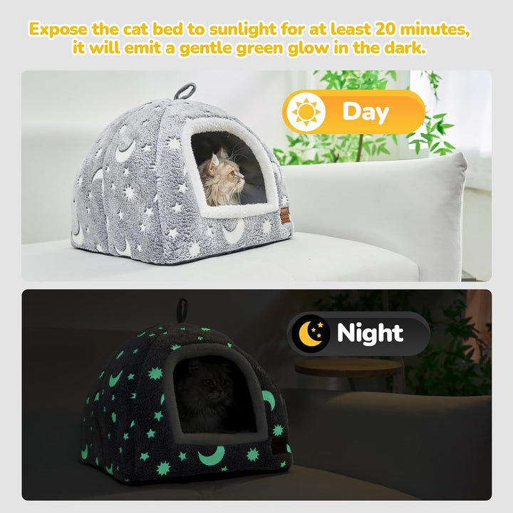CATISM Peșteră Fluorescentă pentru Pisici - 40 x 40 x 38 cm Pat Luminos pentru Pisici Căsuță pentru Pisici Peșteră Pufoasă, Pliabilă, Lavabilă Loc de Dormit Confortabil pentru Pisici, Pisici, Căței, cu Pernă Detașabilă