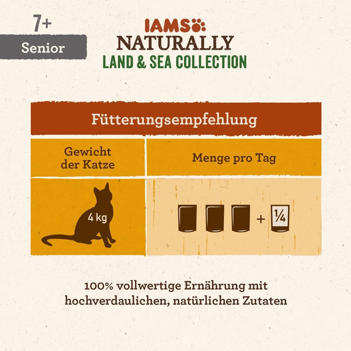 IAMS Naturally Senior Cat Food Wet in Sauce - Hrană umedă de înaltă calitate cu carne și pește pentru pisici în vârstă, Land & Sea Collection, 12 X 85 G