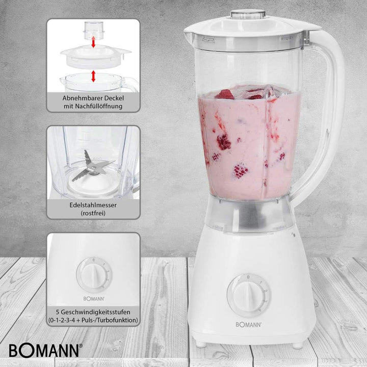 Bomann 378 CB Universalmixer Zum Pürieren, Schlagen, Zerkleinern, Shaken Und Mixen, Ice Crush-Funktion, Kraftvoller 500 Watt-Motor, Abnehmbarer Mixbehälter Mit 1.5 Liter, Edelstahlmesser, Weiß, UM 378 CB