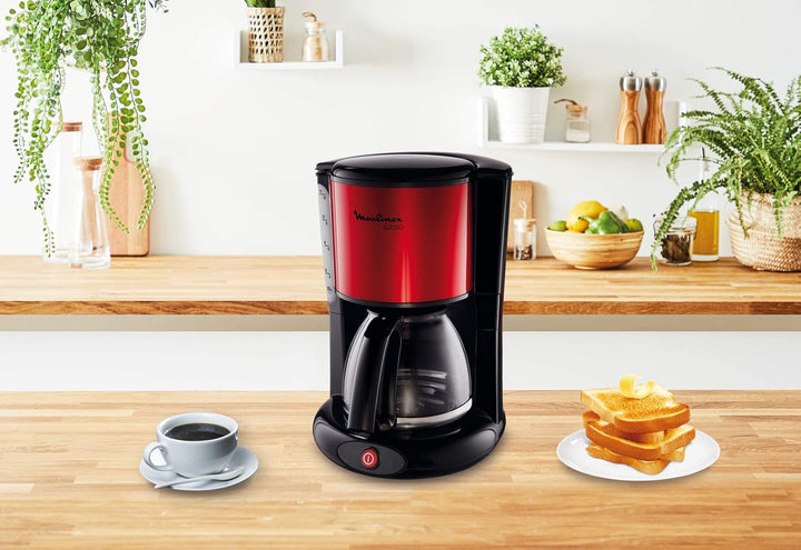 Cafetieră cu filtru Moulinex Subito, ulcior din sticlă, 10-15 cești, capacitate 1,25 litri, funcție de oprire automată, filtru detașabil, indicator nivel apă, oțel inoxidabil, roșu/negru, FG360D