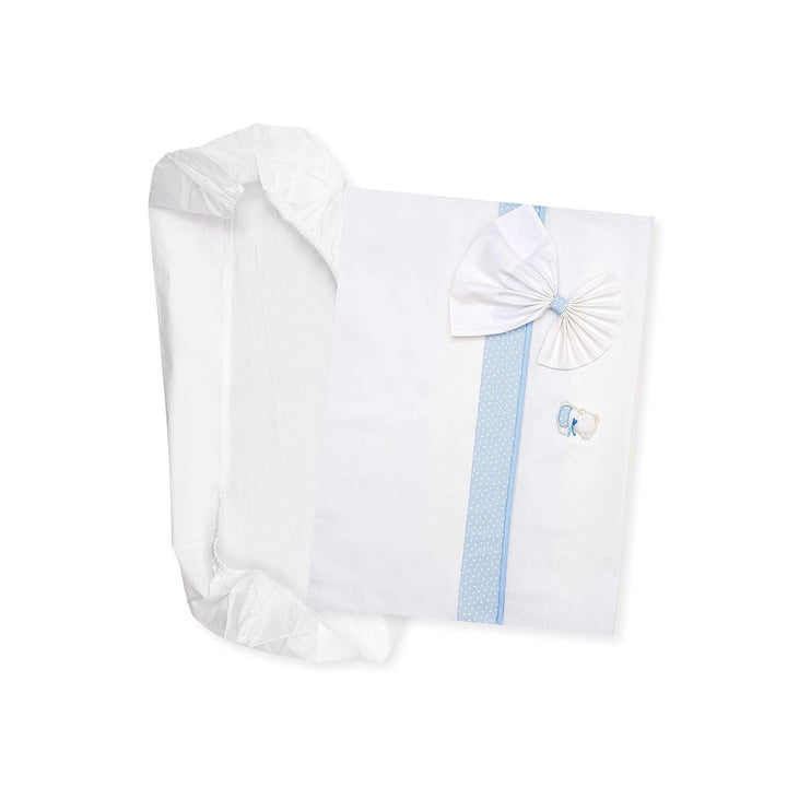 Set de lenjerie de pat Carrycot alb și roz, format din 1 cearșaf cu colțuri, 1 cearșaf de sus cu panglică Aida pentru broderie și 1 față de pernă, 100% bumbac, Made in Italy