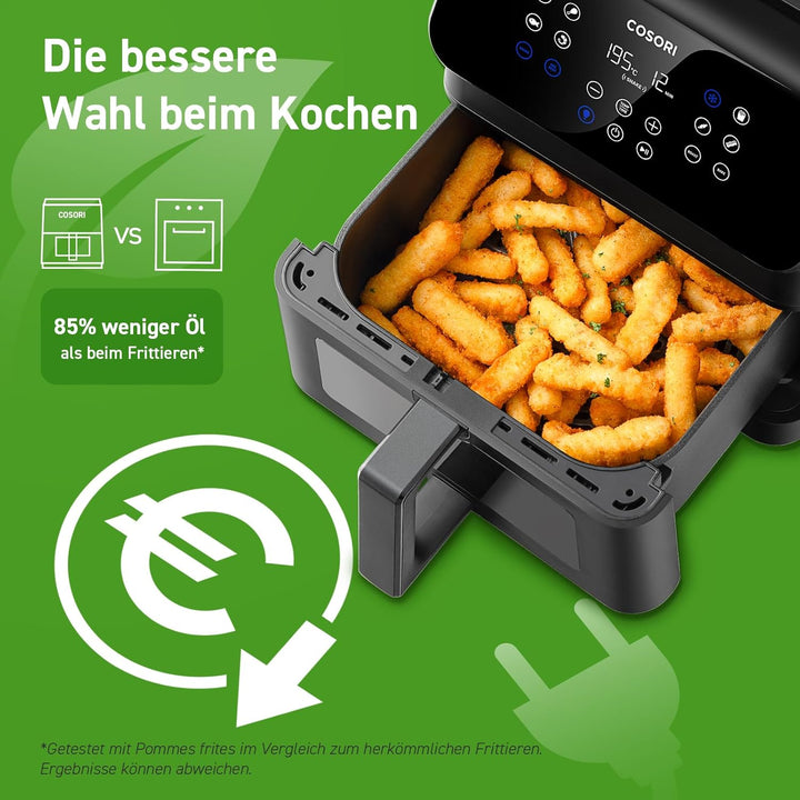 COSORI Heißluftfritteuse Airfryer, 12-In-1 Air Fryer XXL 6,2L, Heissluftfritteuse Mit Sichtfenster & Shake-Reminder, 80 Rezepte, 55 Prozent Energiesparend, Spülmaschinenfeste Körbe