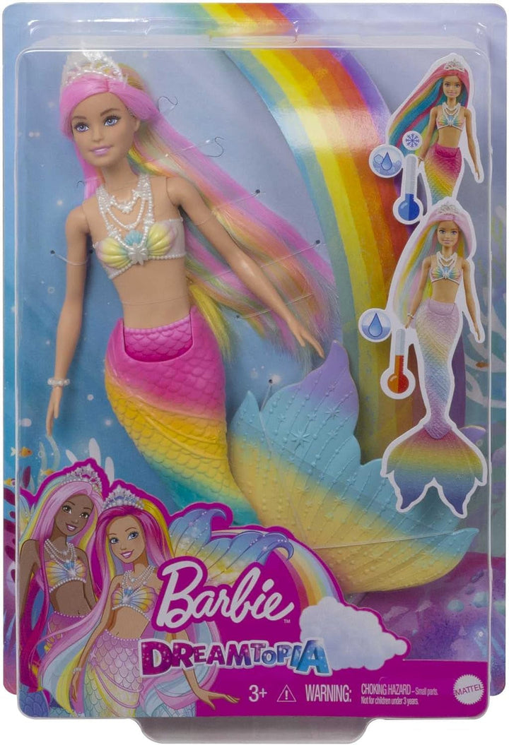 Barbie Dreamtopia Rainbow Magic Mermaid, Barbie Mermaid cu păr curcubeu, păpușă care își schimbă culoarea activată de apă, jucărie de la 3 ani, cadou pentru fete, GTF89